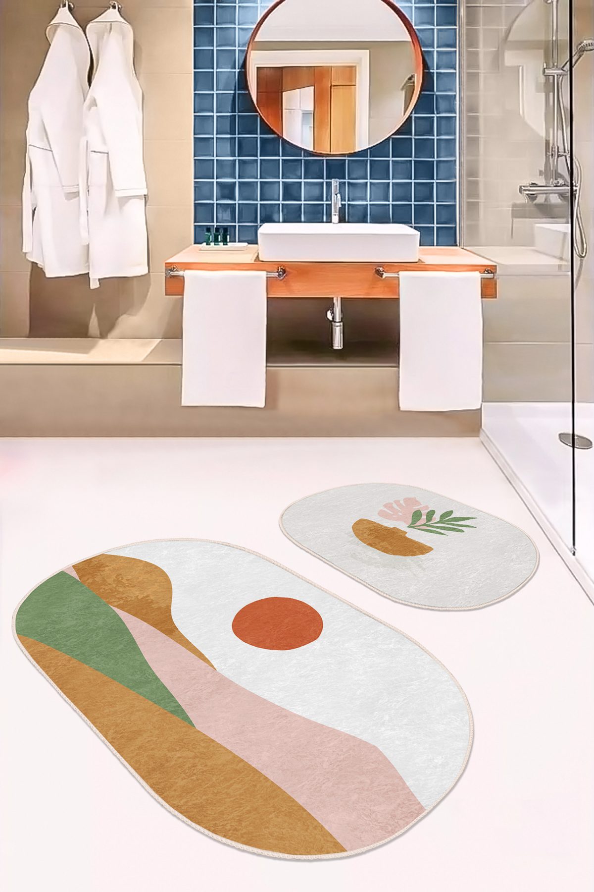 Pastel Renkli Zemin Onedraw Çizimli Dijital Baskılı 2'li Oval Kaymaz Tabanlı Banyo & Mutfak Paspas Takımı Realhomes