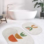 Siyah Zemin Beyaz Ogea Dijital Baskılı 2'li Oval Kaymaz Tabanlı Banyo & Mutfak Paspas Takımı Realhomes