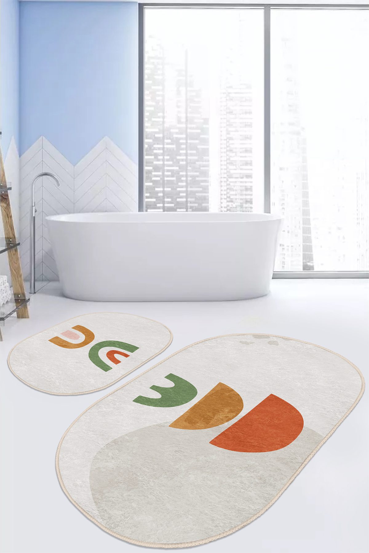 Pastel Renkli Zemin Onedraw Motifli Dijital Baskılı 2'li Oval Kaymaz Tabanlı Banyo & Mutfak Paspas Takımı Realhomes