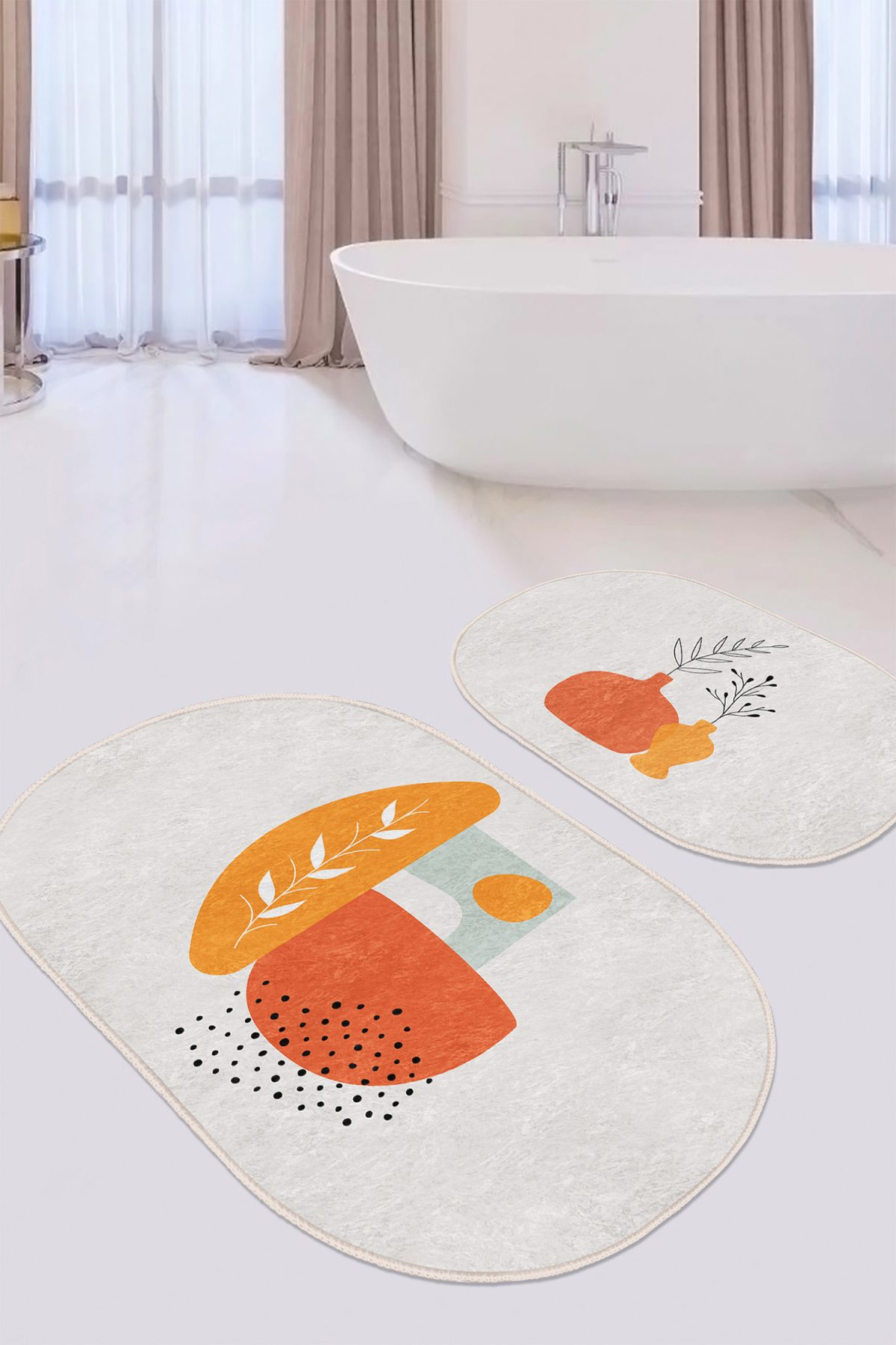 Onedraw Tasarımlı Dijital Baskılı 2'li Oval Kaymaz Tabanlı Banyo & Mutfak Paspas Takımı Realhomes