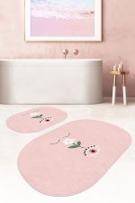 - RealHomes - Realhomes  Pembe Zemin Çiçek Detaylı Dijital Baskılı 2'li Oval Kaymaz Tabanlı Banyo & Mutfak Paspas Takımı Realhomes