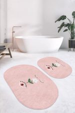 - RealHomes - Realhomes  Pembe Zemin Çiçek Detaylı Dijital Baskılı 2'li Oval Kaymaz Tabanlı Banyo & Mutfak Paspas Takımı Realhomes
