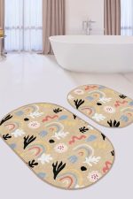 - RealHomes - Realhomes  Vizon Zemin Minimal Tropik Yaprak Tasarımlı 2'li Oval Kaymaz Tabanlı Banyo & Mutfak Paspas Takımı Realhomes