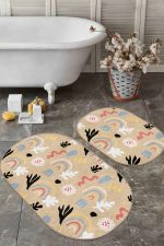 - RealHomes - Realhomes  Vizon Zemin Minimal Tropik Yaprak Tasarımlı 2'li Oval Kaymaz Tabanlı Banyo & Mutfak Paspas Takımı Realhomes
