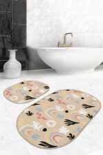 - RealHomes - Realhomes  Vizon Zemin Minimal Tropik Yaprak Tasarımlı 2'li Oval Kaymaz Tabanlı Banyo & Mutfak Paspas Takımı Realhomes