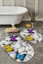 - RealHomes - Realhomes  Taş Zemin Renkli Kelebek Tasarımlı 2'li Oval Kaymaz Tabanlı Banyo & Mutfak Paspas Takımı Realhomes
