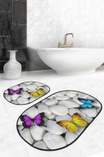 - RealHomes - Realhomes  Taş Zemin Renkli Kelebek Tasarımlı 2'li Oval Kaymaz Tabanlı Banyo & Mutfak Paspas Takımı Realhomes
