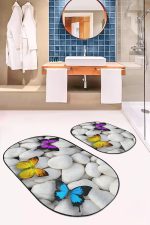 - RealHomes - Realhomes  Taş Zemin Renkli Kelebek Tasarımlı 2'li Oval Kaymaz Tabanlı Banyo & Mutfak Paspas Takımı Realhomes