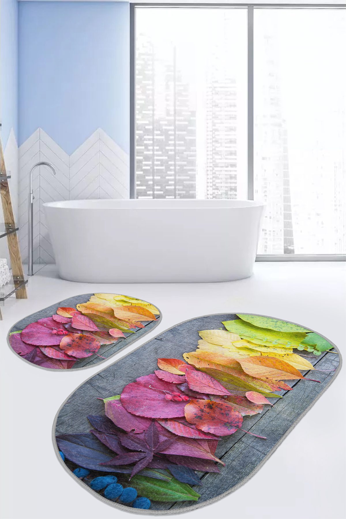 Renkli Yapraklar Dijital Baskılı 2'li Oval Kaymaz Tabanlı Banyo & Mutfak Paspas Takımı Realhomes