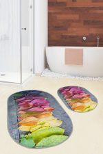 - RealHomes - Realhomes  Renkli Yapraklar Dijital Baskılı 2'li Oval Kaymaz Tabanlı Banyo & Mutfak Paspas Takımı Realhomes