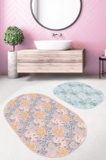 - RealHomes - Realhomes  Renkli Zeminde Onedraw Çizimli Çiçek Desenli Dijital Baskılı 2'li Oval Kaymaz Tabanlı Banyo & Mutfak Paspas Takımı Realhomes