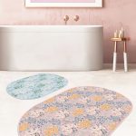 Gri Zemin Home Temalı Dijital Baskılı 2'li Oval Kaymaz Tabanlı Banyo & Mutfak Paspas Takımı Realhomes
