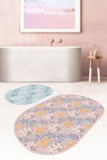 - RealHomes - Realhomes  Renkli Zeminde Onedraw Çizimli Çiçek Desenli Dijital Baskılı 2'li Oval Kaymaz Tabanlı Banyo & Mutfak Paspas Takımı Realhomes