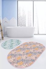 - RealHomes - Realhomes  Renkli Zeminde Onedraw Çizimli Çiçek Desenli Dijital Baskılı 2'li Oval Kaymaz Tabanlı Banyo & Mutfak Paspas Takımı Realhomes