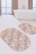 - RealHomes - Realhomes Pudra Zeminde Onedraw Çizimli Çiçek Desenli Dijital Baskılı 2'li Oval Kaymaz Tabanlı Banyo & Mutfak Paspas Takımı Realhomes