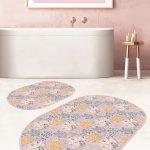Geometrik Şekilli Zemin 3D Tropik Yaprak Motifli 2'li Oval Kaymaz Tabanlı Banyo & Mutfak Paspas Takımı Realhomes