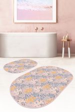 - RealHomes - Realhomes Pudra Zeminde Onedraw Çizimli Çiçek Desenli Dijital Baskılı 2'li Oval Kaymaz Tabanlı Banyo & Mutfak Paspas Takımı Realhomes