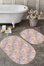 - RealHomes - Realhomes Pudra Zeminde Onedraw Çizimli Çiçek Desenli Dijital Baskılı 2'li Oval Kaymaz Tabanlı Banyo & Mutfak Paspas Takımı Realhomes