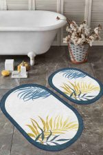 - RealHomes - Realhomes  Beyaz Zeminde Renkli Yaprak Desenli Dijital Baskılı 2'li Oval Kaymaz Tabanlı Banyo & Mutfak Paspas Takımı Realhomes