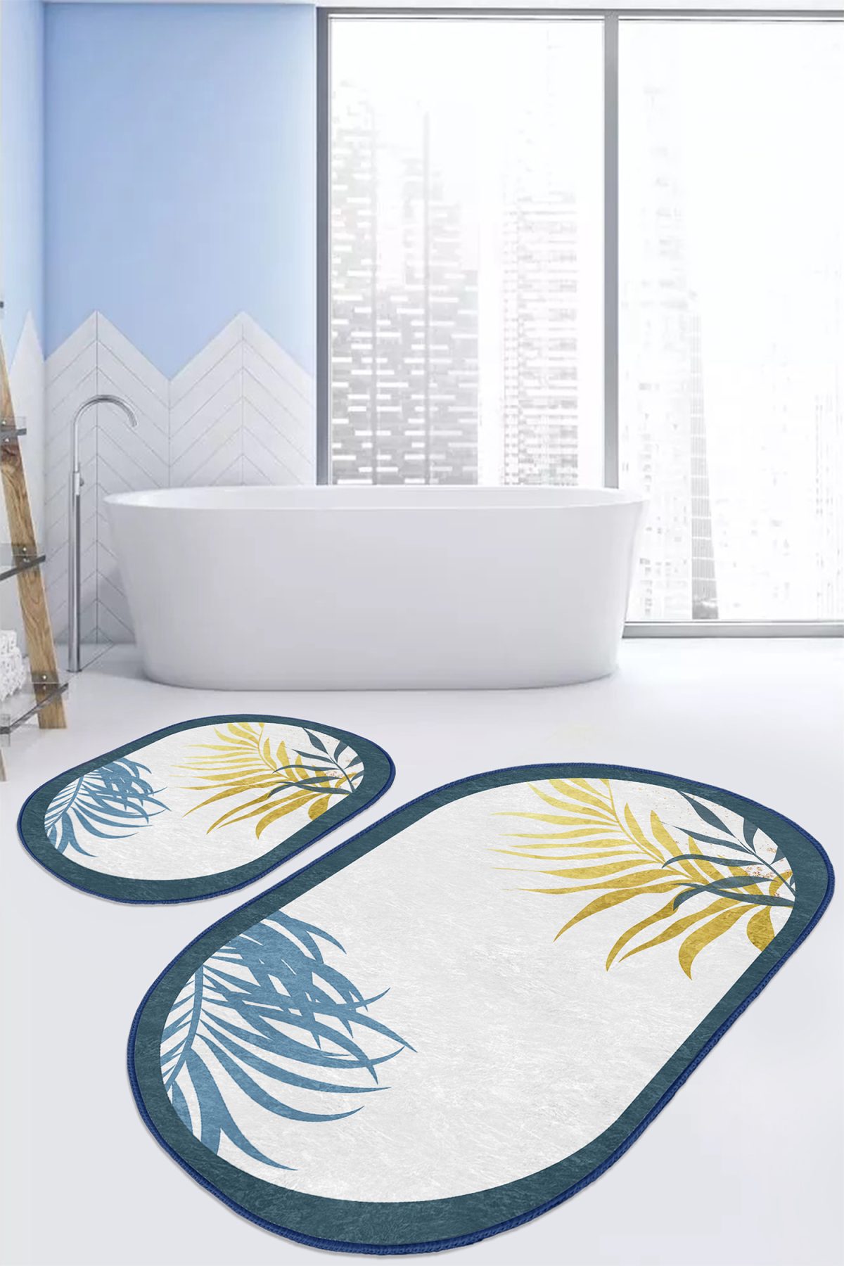Beyaz Zeminde Renkli Yaprak Desenli Dijital Baskılı 2'li Oval Kaymaz Tabanlı Banyo & Mutfak Paspas Takımı Realhomes