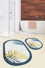 - RealHomes - Realhomes  Beyaz Zeminde Renkli Yaprak Desenli Dijital Baskılı 2'li Oval Kaymaz Tabanlı Banyo & Mutfak Paspas Takımı Realhomes