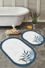 - RealHomes - Realhomes  Beyaz Zeminde Renkli Yaprak Özel Tasarım Dijital Baskılı 2'li Oval Kaymaz Tabanlı Banyo & Mutfak Paspas Takımı Realhomes