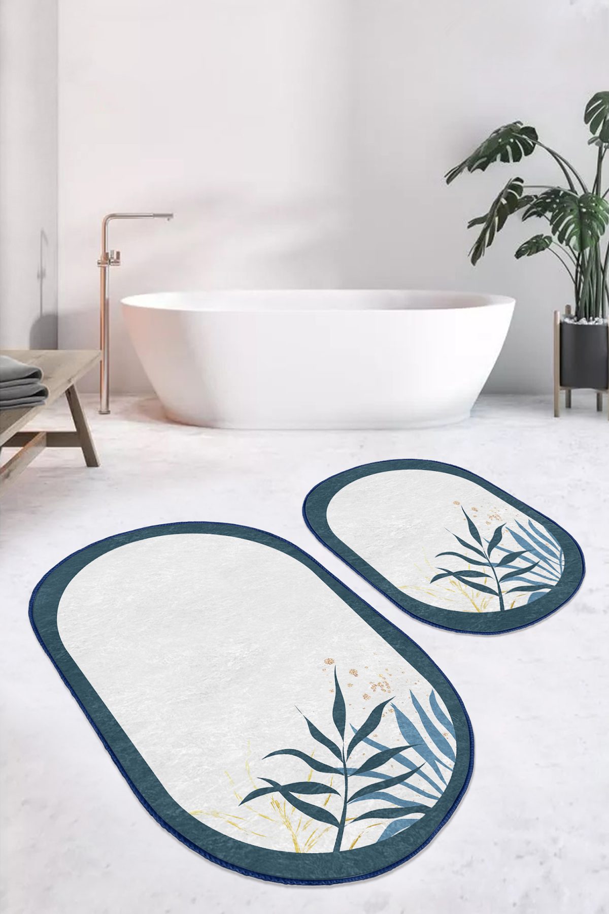 Beyaz Zeminde Renkli Yaprak Özel Tasarım Dijital Baskılı 2'li Oval Kaymaz Tabanlı Banyo & Mutfak Paspas Takımı Realhomes
