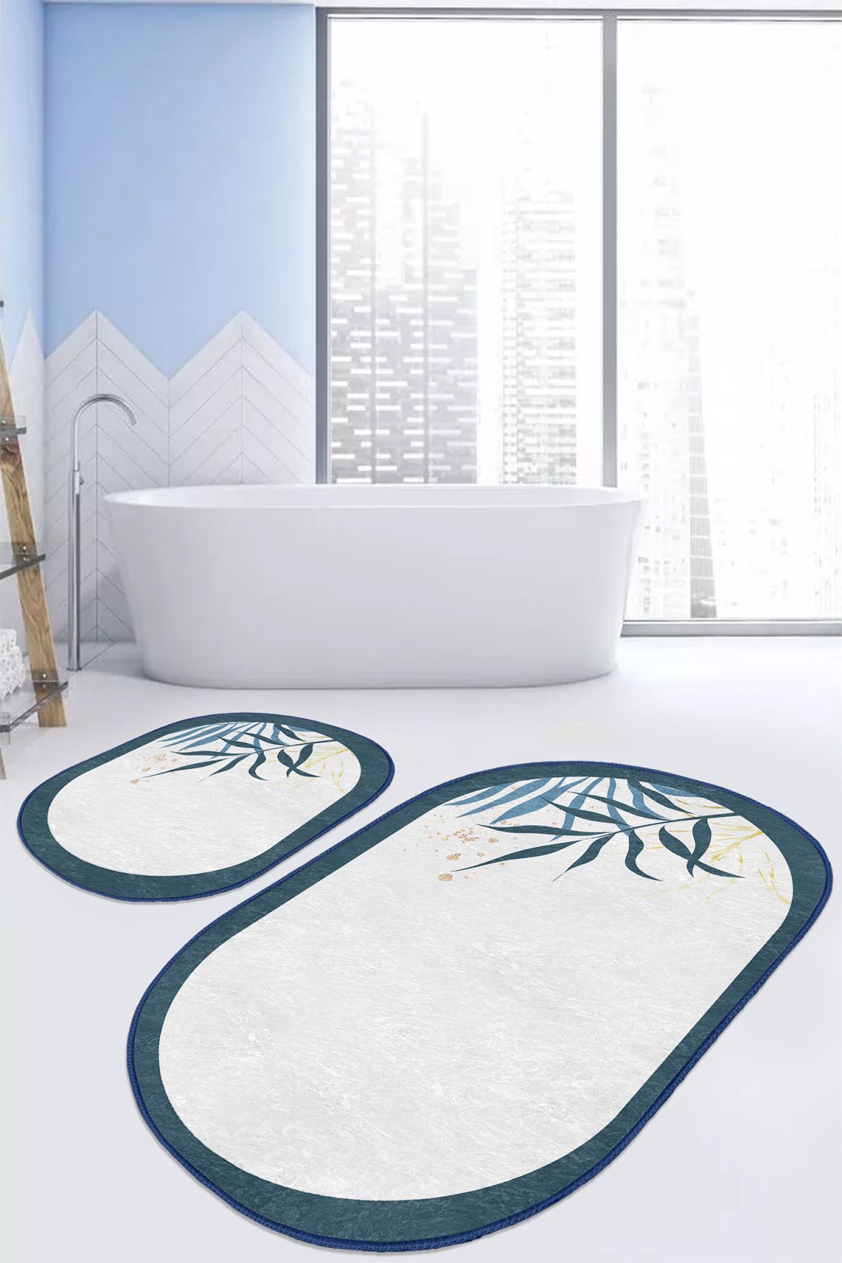 Beyaz Zeminde Renkli Yaprak Özel Tasarım Dijital Baskılı 2'li Oval Kaymaz Tabanlı Banyo & Mutfak Paspas Takımı Realhomes