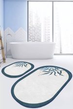 - RealHomes - Realhomes  Beyaz Zeminde Renkli Yaprak Özel Tasarım Dijital Baskılı 2'li Oval Kaymaz Tabanlı Banyo & Mutfak Paspas Takımı Realhomes