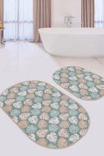 - RealHomes - Realhomes  Soyut Renkli Tropik Yapraklar Özel Tasarım 2'li Oval Kaymaz Tabanlı Banyo & Mutfak Paspas Takımı Realhomes