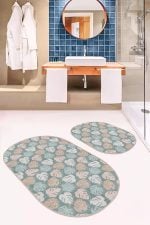 - RealHomes - Realhomes  Soyut Renkli Tropik Yapraklar Özel Tasarım 2'li Oval Kaymaz Tabanlı Banyo & Mutfak Paspas Takımı Realhomes