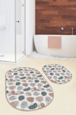 - RealHomes - Realhomes  Beyaz Zemin Onedraw Çizimli Tropik Yaprak Motifli 2'li Oval Kaymaz Tabanlı Banyo & Mutfak Paspas Takımı Realhomes