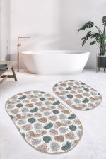 - RealHomes - Realhomes  Beyaz Zemin Onedraw Çizimli Tropik Yaprak Motifli 2'li Oval Kaymaz Tabanlı Banyo & Mutfak Paspas Takımı Realhomes
