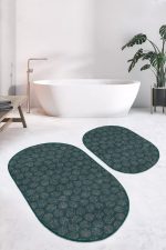 - RealHomes - Realhomes  Yeşil Zemin Tropik Yaprak Çizimli Dijital Baskılı 2'li Oval Kaymaz Tabanlı Banyo & Mutfak Paspas Takımı Realhomes