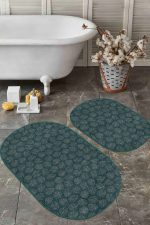 - RealHomes - Realhomes  Yeşil Zemin Tropik Yaprak Çizimli Dijital Baskılı 2'li Oval Kaymaz Tabanlı Banyo & Mutfak Paspas Takımı Realhomes