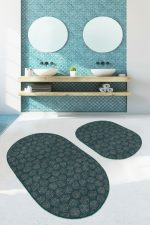 - RealHomes - Realhomes  Yeşil Zemin Tropik Yaprak Çizimli Dijital Baskılı 2'li Oval Kaymaz Tabanlı Banyo & Mutfak Paspas Takımı Realhomes