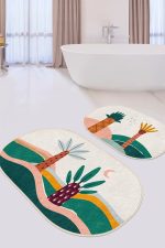 - RealHomes - Realhomes  Renkli Zemin Palmiye Ağaç Tasarımlı 2'li Oval Kaymaz Tabanlı Banyo & Mutfak Paspas Takımı Realhomes