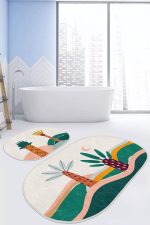 - RealHomes - Realhomes  Renkli Zemin Palmiye Ağaç Tasarımlı 2'li Oval Kaymaz Tabanlı Banyo & Mutfak Paspas Takımı Realhomes