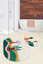 - RealHomes - Realhomes  Renkli Zemin Palmiye Ağaç Tasarımlı 2'li Oval Kaymaz Tabanlı Banyo & Mutfak Paspas Takımı Realhomes