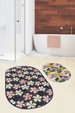- RealHomes - Realhomes  Renkli Çiçek Tasarımlı Dijital Baskılı 2'li Oval Kaymaz Tabanlı Banyo & Mutfak Paspas Takımı Realhomes
