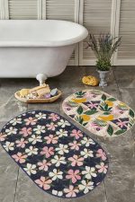 - RealHomes - Realhomes  Renkli Çiçek Tasarımlı Dijital Baskılı 2'li Oval Kaymaz Tabanlı Banyo & Mutfak Paspas Takımı Realhomes