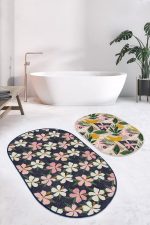 - RealHomes - Realhomes  Renkli Çiçek Tasarımlı Dijital Baskılı 2'li Oval Kaymaz Tabanlı Banyo & Mutfak Paspas Takımı Realhomes