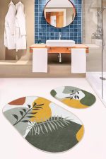 Soyut Renkli Zemin Tropik Yaprak Özel Tasarım 2'li Oval Kaymaz Tabanlı Banyo & Mutfak Paspas Takımı Realhomes