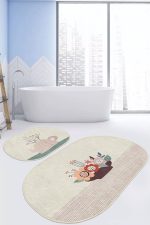 - RealHomes - Realhomes  Vazo Çiçek Demetleri Özel Tasarımlı 2'li Oval Kaymaz Tabanlı Banyo & Mutfak Paspas Takımı Realhomes