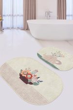 - RealHomes - Realhomes  Vazo Çiçek Demetleri Özel Tasarımlı 2'li Oval Kaymaz Tabanlı Banyo & Mutfak Paspas Takımı Realhomes