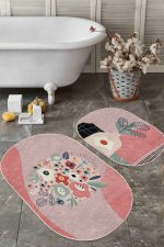 - RealHomes - Realhomes  Soyut Renkli Zemin Çiçek Motifli 2'li Oval Kaymaz Tabanlı Banyo & Mutfak Paspas Takımı Realhomes