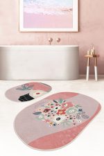 - RealHomes - Realhomes  Soyut Renkli Zemin Çiçek Motifli 2'li Oval Kaymaz Tabanlı Banyo & Mutfak Paspas Takımı Realhomes