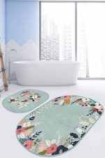 - RealHomes - Realhomes  Yeşil Zemin Gül Tasarımlı Dijital Baskılı 2'li Oval Kaymaz Tabanlı Banyo & Mutfak Paspas Takımı Realhomes