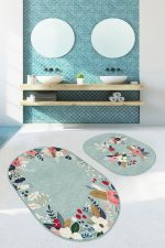 - RealHomes - Realhomes  Yeşil Zemin Gül Tasarımlı Dijital Baskılı 2'li Oval Kaymaz Tabanlı Banyo & Mutfak Paspas Takımı Realhomes