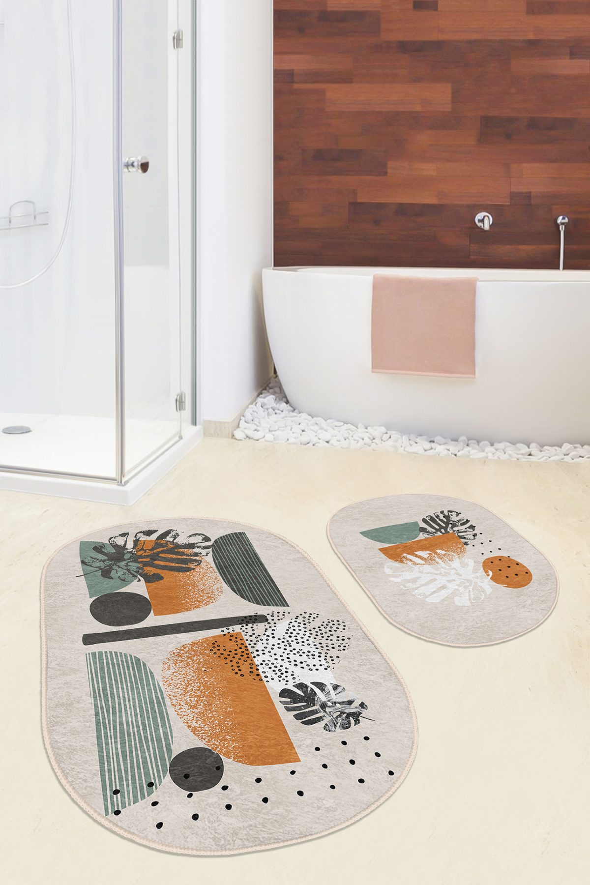 Pastel Renkli Yaprak Desenli Özel Tasarım 2'li Oval Kaymaz Tabanlı Banyo & Mutfak Paspas Takımı Realhomes